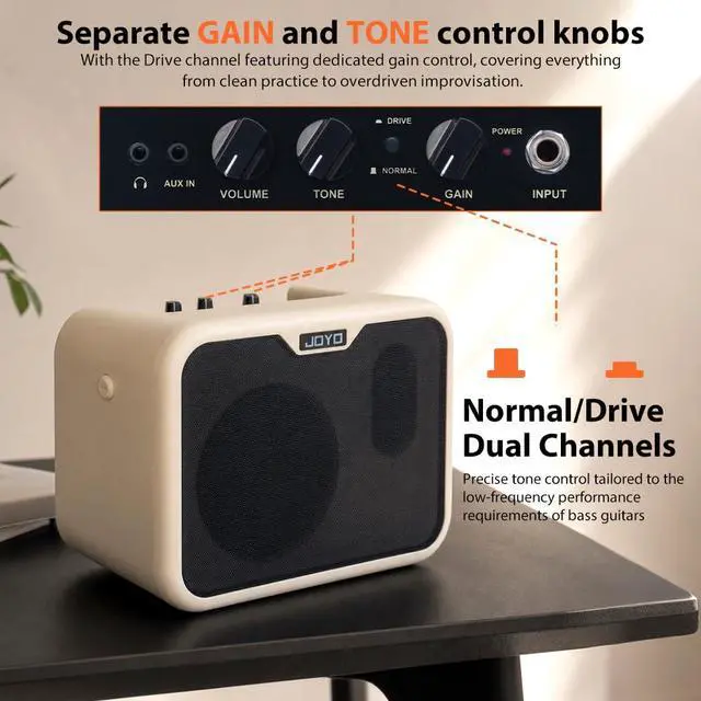 Alt view image 3 of 7 - 10W Portable Bass Amplifier with 15ft Bass Guitar Cable Mini Bass Practice Amp Battery Powered Combo Bass Amp MA-10B Dual Channel (CMA10B)