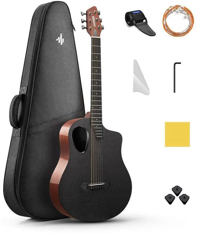 Main image of Acoustic Guitar Kits for Beginners & Intermediate Learners - 38" Travel Guitar with Carbon Fiber Top, Wooden Back & Sides, Case, Strap, Steel-Strings, RISING-G1 (Gloss, Brown)