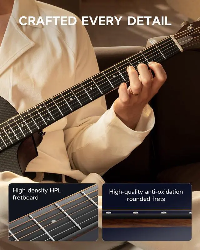 Alt view image 3 of 7 - Acoustic Guitar Kits for Beginners & Intermediate Learners - 38" Travel Guitar with Carbon Fiber Top, Wooden Back & Sides, Case, Strap, Steel-Strings, RISING-G1 (Gloss, Brown)