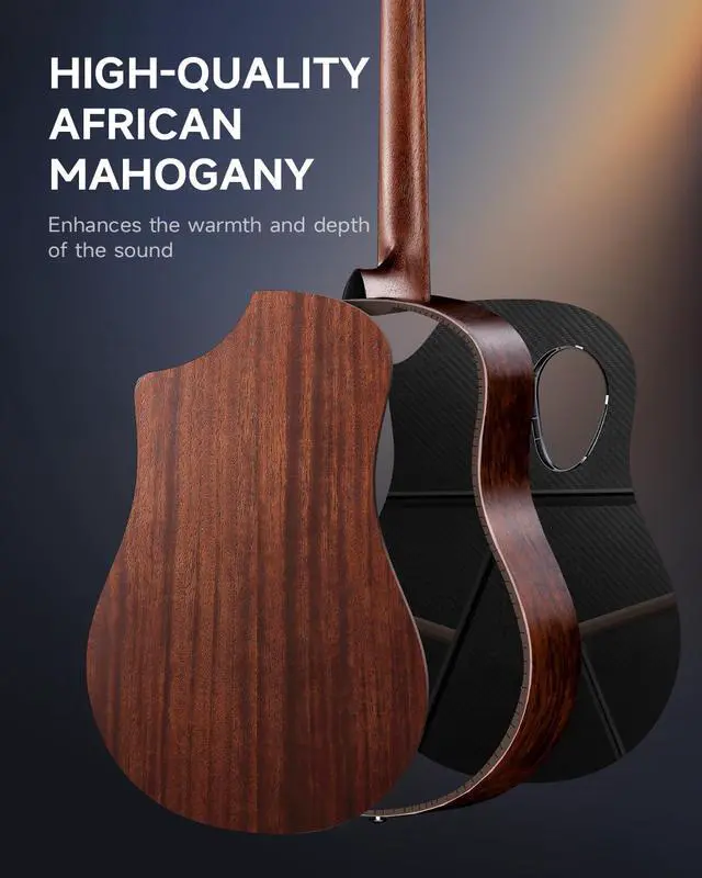 Alt view image 5 of 7 - Acoustic Guitar Kits for Beginners & Intermediate Learners - 38" Travel Guitar with Carbon Fiber Top, Wooden Back & Sides, Case, Strap, Steel-Strings, RISING-G1 (Gloss, Brown)