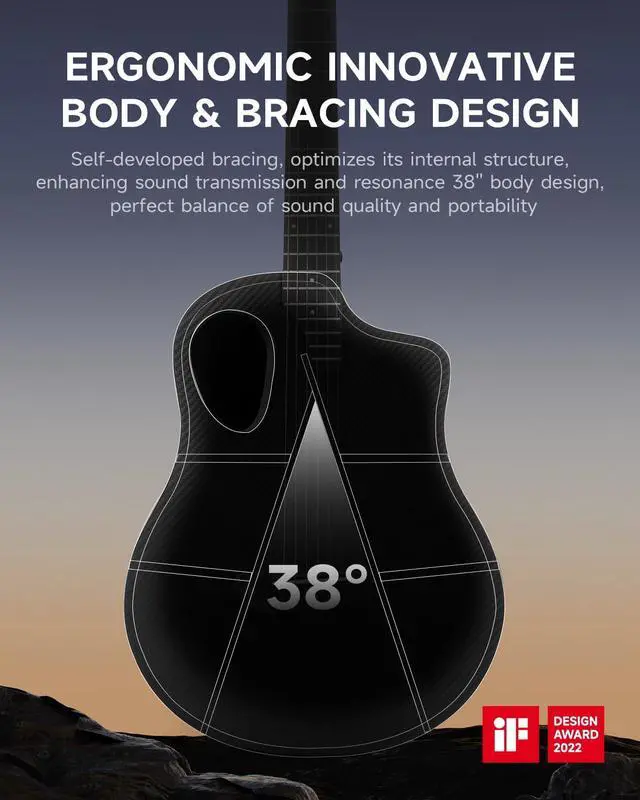 Alt view image 5 of 6 - Carbon X Wood Acoustic Guitar Beginner & Intermediate Learner Kits - Carbon Fiber Top, Wooden Bowl, 38" Durable Solid Guitar with Case, Strap, Steel-String, RISING-G1 (Gloss, Black)