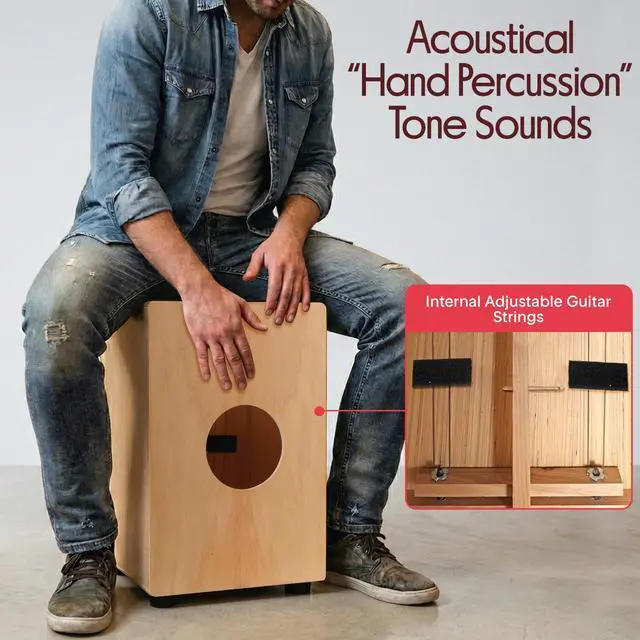 Alt view image 4 of 7 - Stringed Jam Wooden Cajon, Handcraft Compact And Lightweight Percussion Box With Internal Guitar Strings, Rubber Capped Feet, Suitable For All Ages