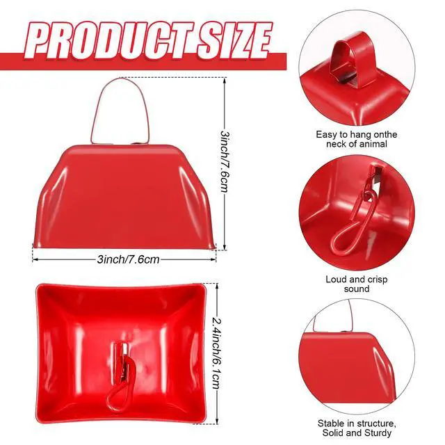 Alt view image 2 of 7 - 72 Pcs Metal Cowbells with Handle Cowbells Noise Makers Small Call Bells Bulk for Decorations Football Games Sport Event Cheering Ornament Wedding Party Celebration, 3 x 2.8 x 2.5 Inch(Red)