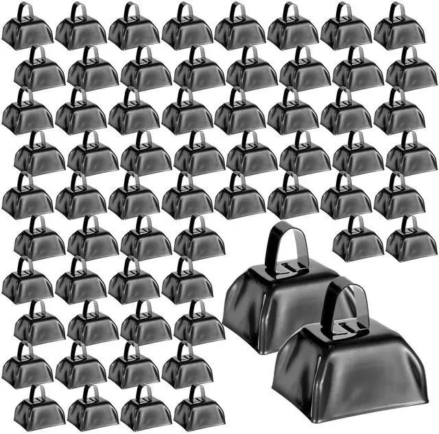 Main image of 72 Pcs Metal Cowbells with Handle Cowbells Noise Makers Small Call Bells Bulk for Decorations Football Games Sport Event Cheering Ornament Wedding Party Celebration, 3 x 2.8 x 2.5 Inch(Black)
