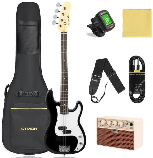 Main image of Electric Bass Guitar 4 Strings Full-Size Beginner Kit, Standard Bass for Starter with 2 x 5w Amp, Bag, Tuner, Strap, Cable, SPB-S10 Black