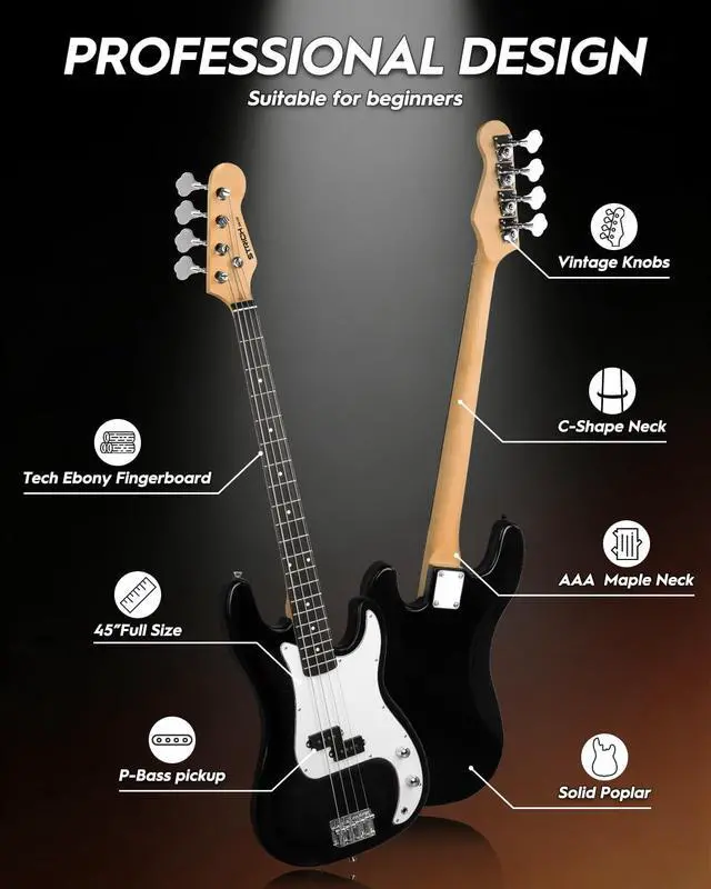Alt view image 3 of 7 - Electric Bass Guitar 4 Strings Full-Size Beginner Kit, Standard Bass for Starter with 2 x 5w Amp, Bag, Tuner, Strap, Cable, SPB-S10 Black