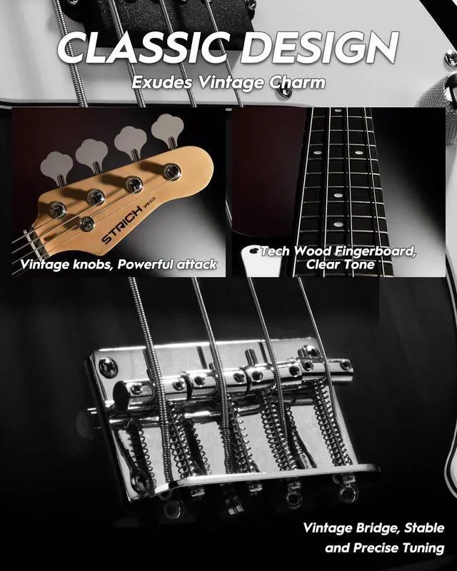 Alt view image 4 of 7 - Electric Bass Guitar 4 Strings Full-Size Beginner Kit, Standard Bass for Starter with 2 x 5w Amp, Bag, Tuner, Strap, Cable, SPB-S10 Black