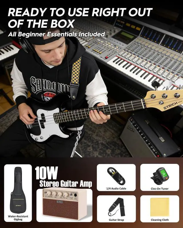 Alt view image 5 of 7 - Electric Bass Guitar 4 Strings Full-Size Beginner Kit, Standard Bass for Starter with 2 x 5w Amp, Bag, Tuner, Strap, Cable, SPB-S10 Black