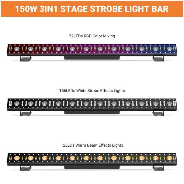 Alt view image 4 of 7 - Battery Powered Stage Light Bar: 150W 3IN1 RGBW Color Changing - Wireless 2.4G DMX & Remote Control - Strobe & Beam Effects - Uplights for Events Moblie DJ Party Music Show Bar & Club Band Performance