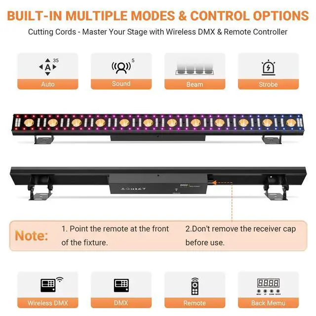 Alt view image 5 of 7 - Battery Powered Stage Light Bar: 150W 3IN1 RGBW Color Changing - Wireless 2.4G DMX & Remote Control - Strobe & Beam Effects - Uplights for Events Moblie DJ Party Music Show Bar & Club Band Performance