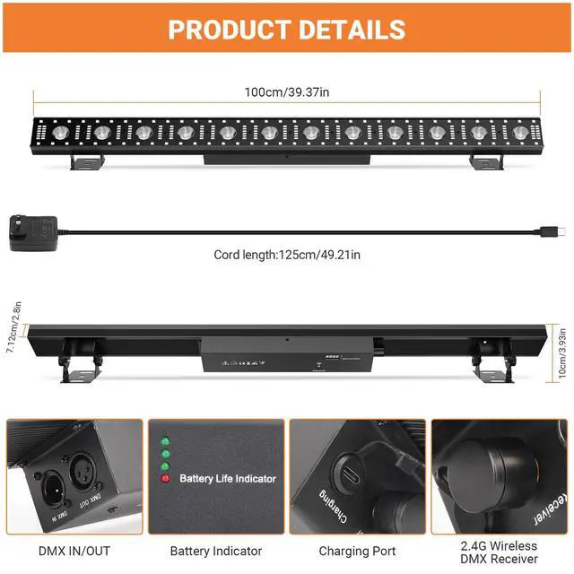 Alt view image 7 of 7 - Battery Powered Stage Light Bar: 150W 3IN1 RGBW Color Changing - Wireless 2.4G DMX & Remote Control - Strobe & Beam Effects - Uplights for Events Moblie DJ Party Music Show Bar & Club Band Performance