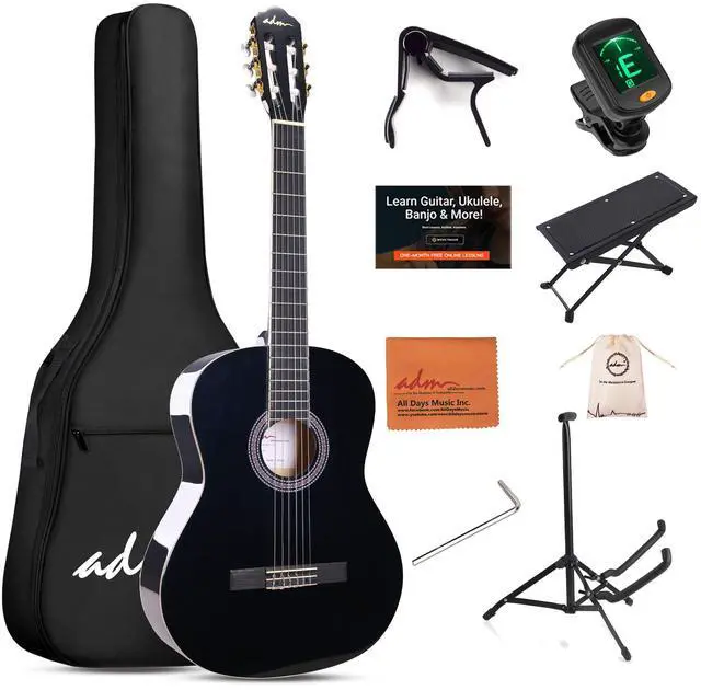 Main image of Full Size Classical Nylon Strings Acoustic Guitar 39 Inch Classic Guitarra Starter Bundle for Adult with Free Lessons, Gig Bag, E-tuner, Footstool, Teens Student Beginner Kits (Black, 39 Inch)