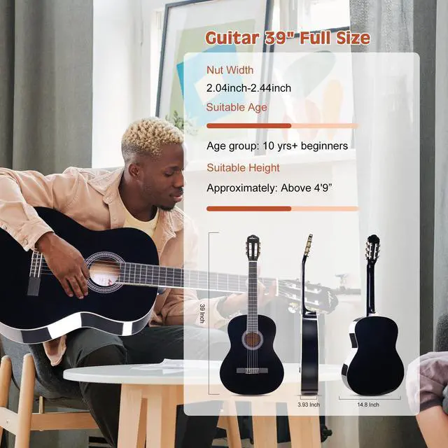 Alt view image 2 of 7 - Full Size Classical Nylon Strings Acoustic Guitar 39 Inch Classic Guitarra Starter Bundle for Adult with Free Lessons, Gig Bag, E-tuner, Footstool, Teens Student Beginner Kits (Black, 39 Inch)