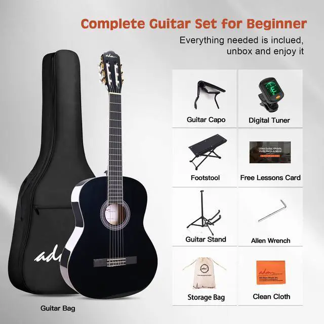 Alt view image 4 of 7 - Full Size Classical Nylon Strings Acoustic Guitar 39 Inch Classic Guitarra Starter Bundle for Adult with Free Lessons, Gig Bag, E-tuner, Footstool, Teens Student Beginner Kits (Black, 39 Inch)