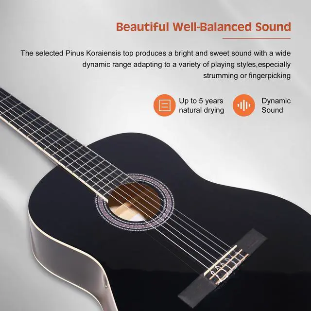 Alt view image 5 of 7 - Full Size Classical Nylon Strings Acoustic Guitar 39 Inch Classic Guitarra Starter Bundle for Adult with Free Lessons, Gig Bag, E-tuner, Footstool, Teens Student Beginner Kits (Black, 39 Inch)