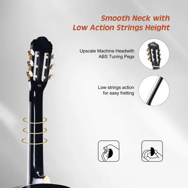 Alt view image 6 of 7 - Full Size Classical Nylon Strings Acoustic Guitar 39 Inch Classic Guitarra Starter Bundle for Adult with Free Lessons, Gig Bag, E-tuner, Footstool, Teens Student Beginner Kits (Black, 39 Inch)