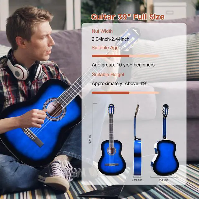 Alt view image 3 of 7 - Full Size Classical Nylon Strings Acoustic Guitar 39 Inch Classic Guitarra Starter Bundle for Adult with Free Lessons, Gig Bag, E-tuner, Footstool, Teens Student Beginner Kits (Blue, 39 Inch)