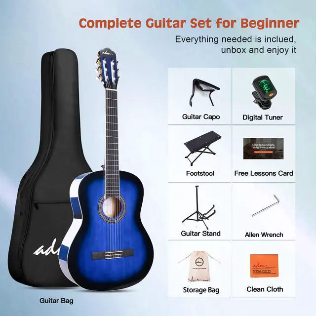 Alt view image 4 of 7 - Full Size Classical Nylon Strings Acoustic Guitar 39 Inch Classic Guitarra Starter Bundle for Adult with Free Lessons, Gig Bag, E-tuner, Footstool, Teens Student Beginner Kits (Blue, 39 Inch)