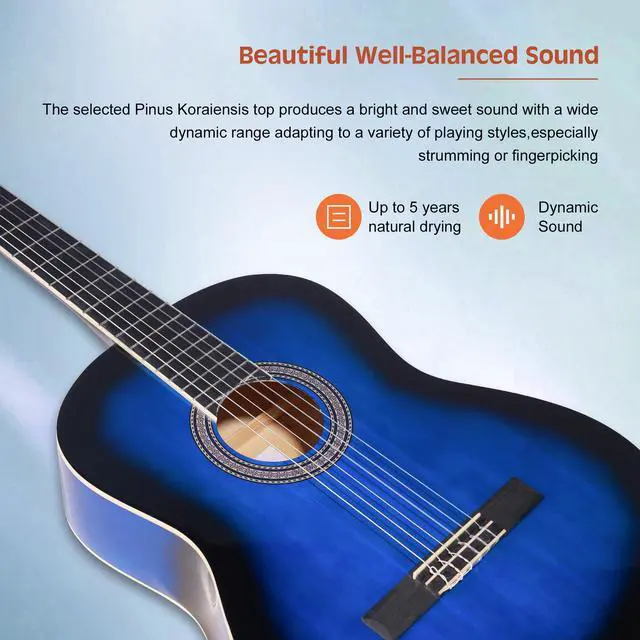 Alt view image 5 of 7 - Full Size Classical Nylon Strings Acoustic Guitar 39 Inch Classic Guitarra Starter Bundle for Adult with Free Lessons, Gig Bag, E-tuner, Footstool, Teens Student Beginner Kits (Blue, 39 Inch)