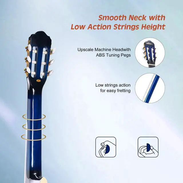 Alt view image 6 of 7 - Full Size Classical Nylon Strings Acoustic Guitar 39 Inch Classic Guitarra Starter Bundle for Adult with Free Lessons, Gig Bag, E-tuner, Footstool, Teens Student Beginner Kits (Blue, 39 Inch)