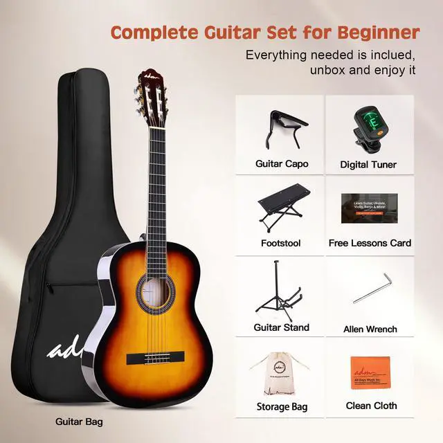 Alt view image 3 of 7 - Full Size Classical Nylon Strings Acoustic Guitar 39 Inch Classic Guitarra Starter Bundle for Adult with Free Lessons, Gig Bag, E-tuner, Footstool, Teens Student Beginner Kits (Sunburst, 39 Inch)