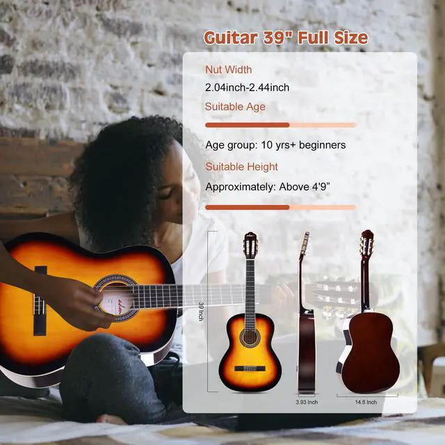 Alt view image 4 of 7 - Full Size Classical Nylon Strings Acoustic Guitar 39 Inch Classic Guitarra Starter Bundle for Adult with Free Lessons, Gig Bag, E-tuner, Footstool, Teens Student Beginner Kits (Sunburst, 39 Inch)