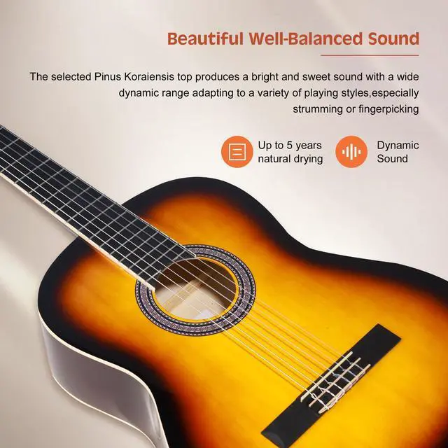 Alt view image 5 of 7 - Full Size Classical Nylon Strings Acoustic Guitar 39 Inch Classic Guitarra Starter Bundle for Adult with Free Lessons, Gig Bag, E-tuner, Footstool, Teens Student Beginner Kits (Sunburst, 39 Inch)