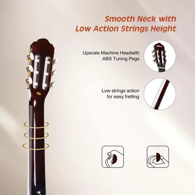 Alt view image 6 of 7 - Full Size Classical Nylon Strings Acoustic Guitar 39 Inch Classic Guitarra Starter Bundle for Adult with Free Lessons, Gig Bag, E-tuner, Footstool, Teens Student Beginner Kits (Sunburst, 39 Inch)