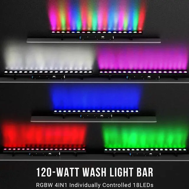 Alt view image 4 of 7 - Stage Wash Light Bar: 120W RGBW LEDs Individually Controlled DMX Light Bar - 114 Colorful Chase Effects & 15 Static Colors - Sound DMX Control for DJ Wedding Party Club GigBar Live Show