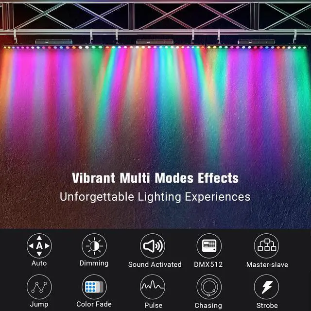 Alt view image 3 of 7 - Stage Wash Light Bar: 120W RGBW LEDs Individually Controlled DMX Light Bar - 114 Colorful Chase Effects & 15 Static Colors - Sound DMX Control for DJ Wedding Party Club GigBar Live Show