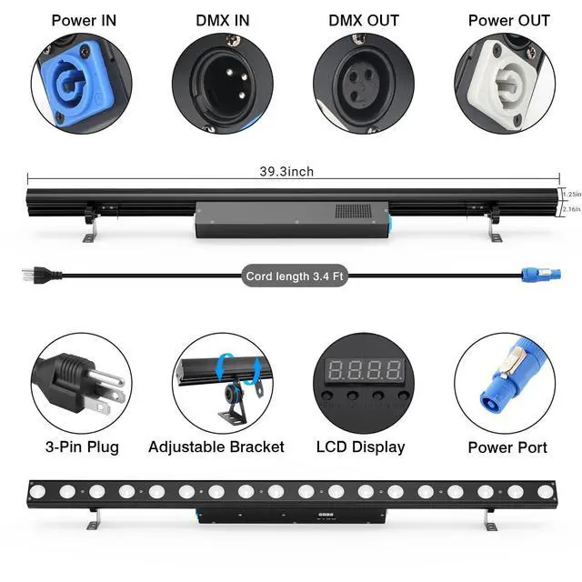 Alt view image 5 of 7 - Stage Wash Light Bar: 120W RGBW LEDs Individually Controlled DMX Light Bar - 114 Colorful Chase Effects & 15 Static Colors - Sound DMX Control for DJ Wedding Party Club GigBar Live Show