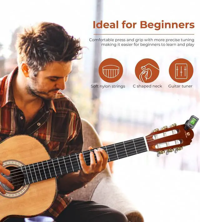 Alt view image 3 of 7 - Classical Guitar Full Size 4/4 Spanish Style Classical Guitarra, 39 Inch Nylon Strings Guitar Ideal for Beginner Adults, Cedar Top, by