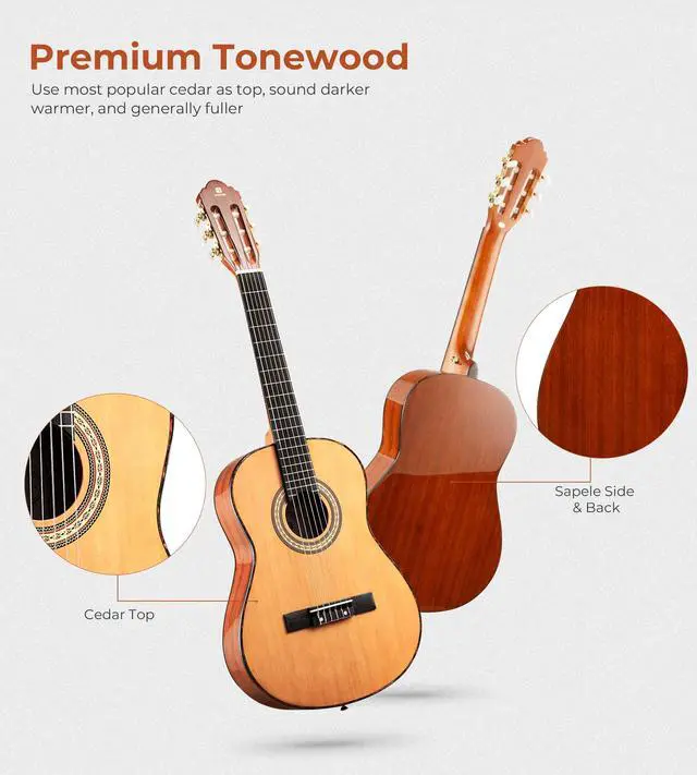 Alt view image 2 of 7 - Classical Guitar Full Size 4/4 Spanish Style Classical Guitarra, 39 Inch Nylon Strings Guitar Ideal for Beginner Adults, Cedar Top, by