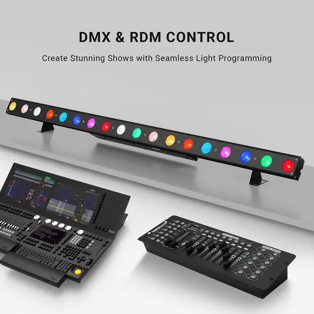 Alt view image 6 of 7 - Stage Wash Light Bar: 120W RGBW LEDs Individually Controlled DMX Light Bar - 114 Colorful Chase Effects & 15 Static Colors - Sound DMX Control for DJ Wedding Party Club GigBar Live Show