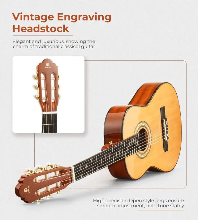 Alt view image 4 of 7 - Classical Guitar Full Size 4/4 Spanish Style Classical Guitarra, 39 Inch Nylon Strings Guitar Ideal for Beginner Adults, Cedar Top, by