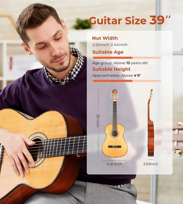 Alt view image 7 of 7 - Classical Guitar Full Size 4/4 Spanish Style Classical Guitarra, 39 Inch Nylon Strings Guitar Ideal for Beginner Adults, Cedar Top, by