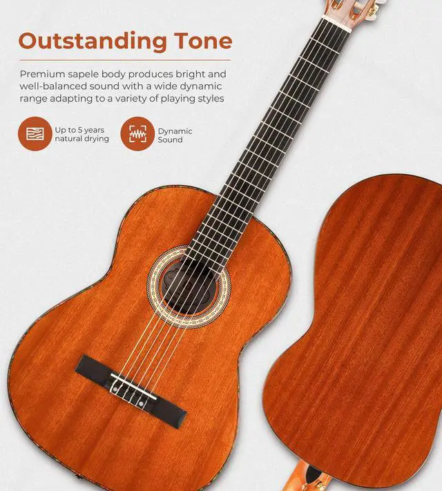 Alt view image 2 of 7 - Classical Guitar 4/4, 39 Inch Full Size Nylon String Guitar for Beginner Adults, Guitar Bundle with Gig Bag & Footstool, Sapele Brown, by