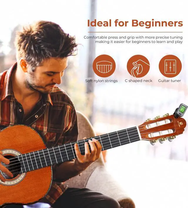Alt view image 3 of 7 - Classical Guitar 4/4, 39 Inch Full Size Nylon String Guitar for Beginner Adults, Guitar Bundle with Gig Bag & Footstool, Sapele Brown, by