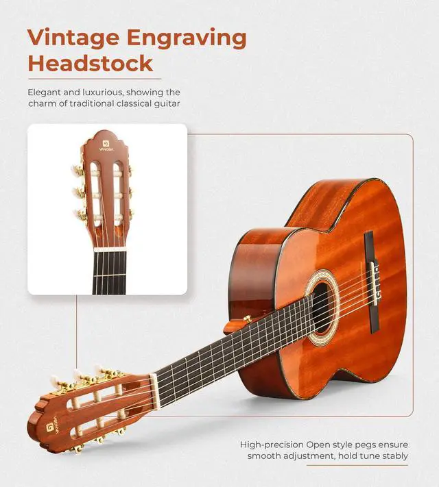 Alt view image 4 of 7 - Classical Guitar 4/4, 39 Inch Full Size Nylon String Guitar for Beginner Adults, Guitar Bundle with Gig Bag & Footstool, Sapele Brown, by