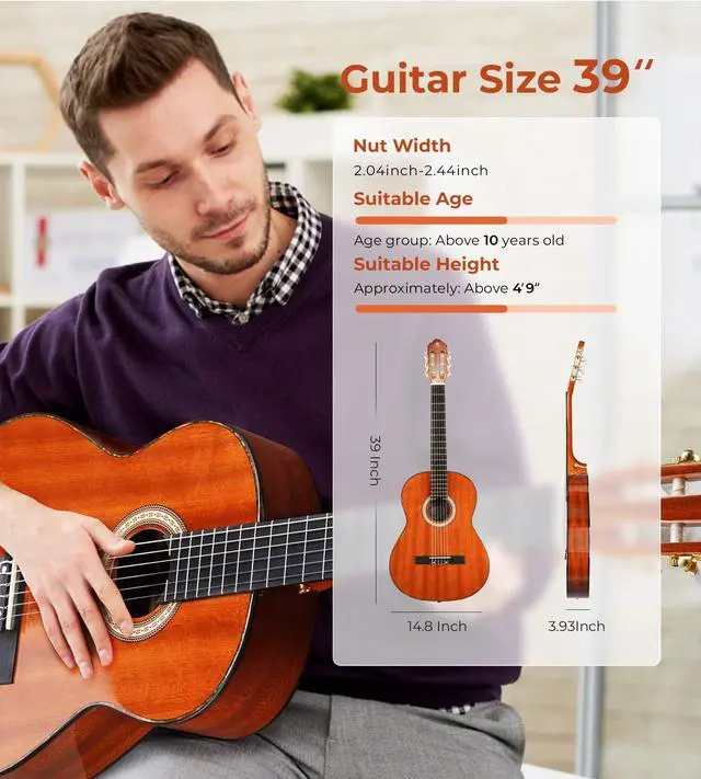 Alt view image 7 of 7 - Classical Guitar 4/4, 39 Inch Full Size Nylon String Guitar for Beginner Adults, Guitar Bundle with Gig Bag & Footstool, Sapele Brown, by