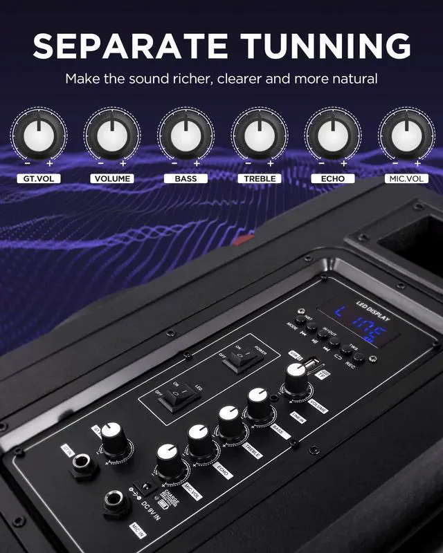Alt view image 3 of 7 - Karaoke Machine, 8" Woofer Portable PA System, Bluetooth Speaker with 2 Wireless Microphones, Lyrics Display Tablet Holder, Party Lights & Echo/Treble/Bass Adjustment Support REC/AUX/USB/TF
