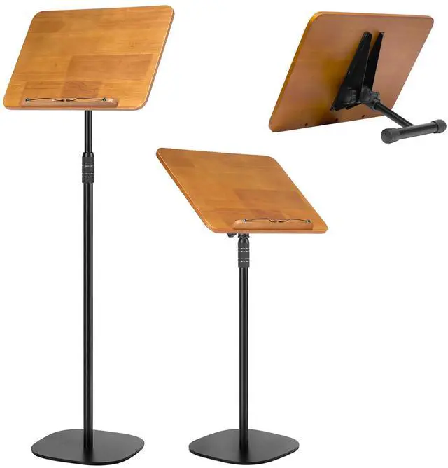 Main image of 100% Solid Wood 5 in 1 Dual-use Sheet Music Stand & Desktop Book Stand, Height Adjustable from 23.6-59 in, Floor Reading Stand with Page Clip for Cookbooks, Sheet Music, Projector (with a T-Shaped)