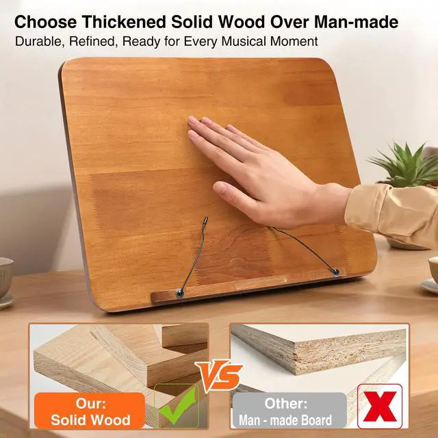 Alt view image 2 of 7 - 100% Solid Wood 5 in 1 Dual-use Sheet Music Stand & Desktop Book Stand, Height Adjustable from 23.6-59 in, Floor Reading Stand with Page Clip for Cookbooks, Sheet Music, Projector (with a T-Shaped)
