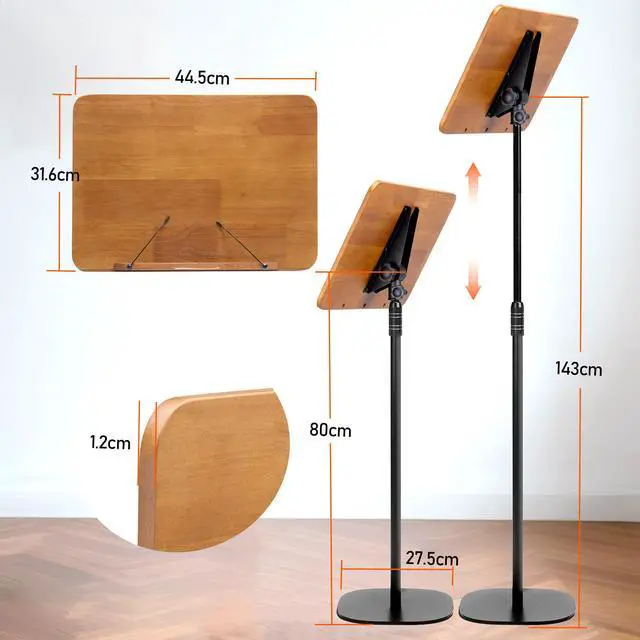 Alt view image 3 of 7 - 100% Solid Wood 5 in 1 Dual-use Sheet Music Stand & Desktop Book Stand, Height Adjustable from 23.6-59 in, Floor Reading Stand with Page Clip for Cookbooks, Sheet Music, Projector (with a T-Shaped)