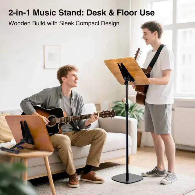 Alt view image 5 of 7 - 100% Solid Wood 5 in 1 Dual-use Sheet Music Stand & Desktop Book Stand, Height Adjustable from 23.6-59 in, Floor Reading Stand with Page Clip for Cookbooks, Sheet Music, Projector (with a T-Shaped)