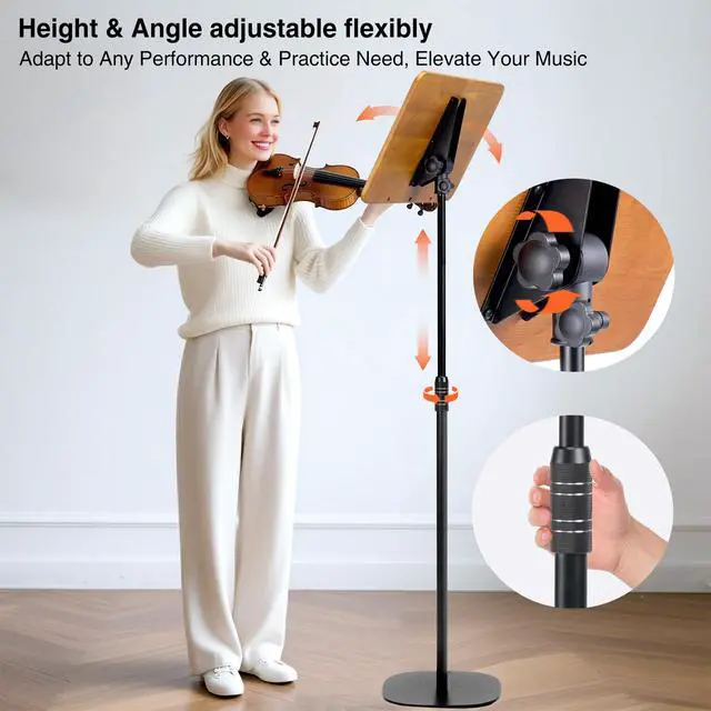 Alt view image 4 of 7 - 100% Solid Wood 5 in 1 Dual-use Sheet Music Stand & Desktop Book Stand, Height Adjustable from 23.6-59 in, Floor Reading Stand with Page Clip for Cookbooks, Sheet Music, Projector (with a T-Shaped)