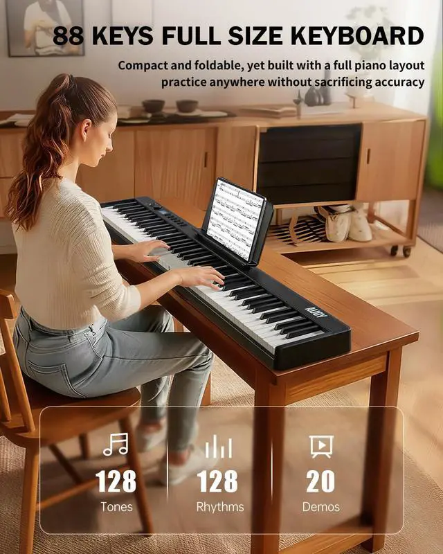 Alt view image 2 of 7 - 88-Key Portable Piano Keyboard with Semi-Weighted Keys Folding Piano | Built-in Speakers/MIDI, Long Battery Life Electric Keyboard Piano for Beginners