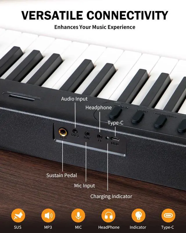 Alt view image 5 of 7 - 88-Key Portable Piano Keyboard with Semi-Weighted Keys Folding Piano | Built-in Speakers/MIDI, Long Battery Life Electric Keyboard Piano for Beginners
