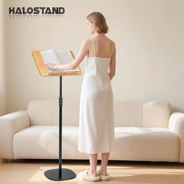 Alt view image 6 of 7 - 100% Solid Wood 5 in 1 Dual-use Sheet Music Stand & Desktop Book Stand, Height Adjustable from 23.6-59 in, Floor Reading Stand with Page Clip for Cookbooks, Sheet Music, Projector (with a T-Shaped)
