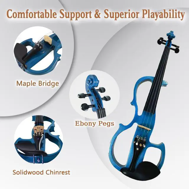 Alt view image 4 of 7 - Electric Violin, 4/4 Full Size Silent Violin Fiddle with Ebony Fittings, Metallic Varnish Violin Kit for Beginners Students (Metallic Blue)